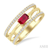 5x3 MM East-West Set Ruby and 1/4 Ctw Round Cut Diamond Precious Layered Fashion Ring in 10K Yellow Gold
