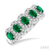 4x3 MM Oval Cut Emerald and 1/3 Ctw Round Cut Diamond Precious Wedding Band in 14K White Gold
