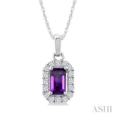 5x3 MM Octagonal Shape Amethyst and 1/20 Ctw Round Cut Diamond Halo Semi-Precious Pendant with Chain in 10K White Gold