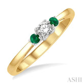 2.15 MM Round Shape Emerald and 1/6 Ctw Past, Present and Future Round Cut Diamond Precious Ring in 14K Yellow and White Gold