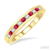 2 MM Round Shape Ruby and 1/5 Ctw Round Cut Diamond Precious Wedding Band in 14K Yellow Gold