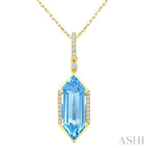 16X6 MM Evoque Gemstones Hexagon Shape Blue Topaz and 1/10 Ctw Round Cut Diamond Semi-Precious Pendant With Chain in 10K Yellow Gold