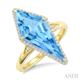 22X9 MM Kite Shape Blue Topaz and 1/5 Ctw Round Cut Diamond Semi-Precious Ring in 14K Yellow Gold