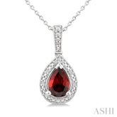 7X5 MM Pear Shape Garnet and 1/50 Ctw Round Cut Diamond Semi-Precious Pendant With Chain in Sterling Silver