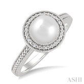 7MM Cultured Pearl and 1/50 Ctw Round Cut Diamond Halo Ring in Sterling Silver