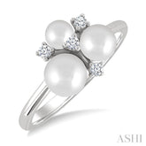 4MM,5MM & 6MM Cultured Pearl and 1/10 Ctw Round Cut Diamond Trio Fashion Ring in 10K White Gold