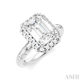 1/3 Ctw Akari Emerald Shape Baguette and Round Cut Diamond Halo Semi Mount Engagement Ring in 14K White Gold