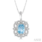 8x6 MM Cushion Shape Aquamarine and 1/5 Ctw Round Cut Diamond Semi-Precious Pendant With Chain in 10K White Gold
