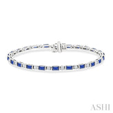 4X2 MM Baguette Cut Sapphire and 1 1/10 Ctw Art Deco Round Cut Diamond Precious Bracelet in 14K White Gold