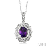 8X6 MM Oval Cut Amethyst and 1/20 Ctw Round Cut Diamond Semi-Precious Pendant With Chain in Sterling Silver