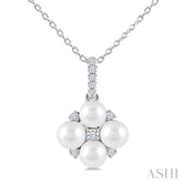 4 MM Floral Round Shape Cultured Pearl and 1/10 Ctw Round Cut Diamond Fashion Pendant With Chain in 10K White Gold