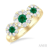 3.8 MM & 3 MM Emerald and 5/8 Ctw Round Cut Diamond Precious Lovebright Past Present and Future Ring in 14K Yellow Gold