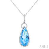 22X10 MM Pear Cut Blue Topaz and 1/3 Ctw Round Cut Diamond Halo Semi-Precious Pendant With Chain in 14K White Gold