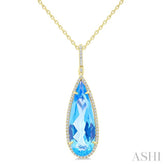 26X9 MM Evoque Gemstones Pear Shape Blue Topaz and 1/4 Ctw Round Cut Diamond Halo Semi-Precious Pendant With Chain in 14K Yellow Gold