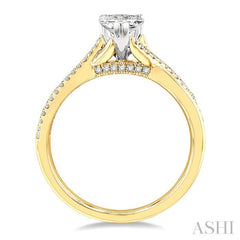 1/6 Ctw Split Crossover Pear Shape Round Cut Diamond Semi-Mount Engagement Ring in 14K Yellow and White Gold