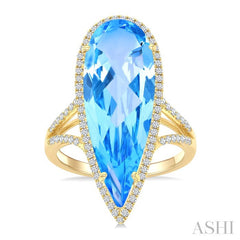26X9 MM Evoque Gemstones Pear Shape Blue Topaz and 1/3 Ctw Round Cut Diamond Halo Semi-Precious Ring in 14K Yellow Gold