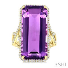 26X12 MM Evoque Gemstones Emerald Shape Amethyst and 1/2 Ctw Round Cut Diamond Halo Semi-Precious Ring in 14K Yellow Gold