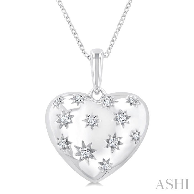 1/10 Ctw Bold Star Engraved Puffed Heart Round Cut Diamond Pendant With Chain in Sterling Silver