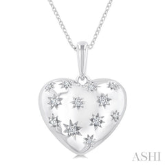 1/10 Ctw Bold Star Engraved Puffed Heart Round Cut Diamond Pendant With Chain in Sterling Silver