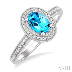 7x5 MM Oval Shape Blue Topaz and 1/50 Ctw Round Cut Diamond Semi-precious Ring in Sterling Silver