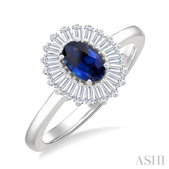 6X4 MM Oval Cut Sapphire and 1/3 Ctw Baguette Cut Diamond Halo Precious Fashion Ring in 14K White Gold