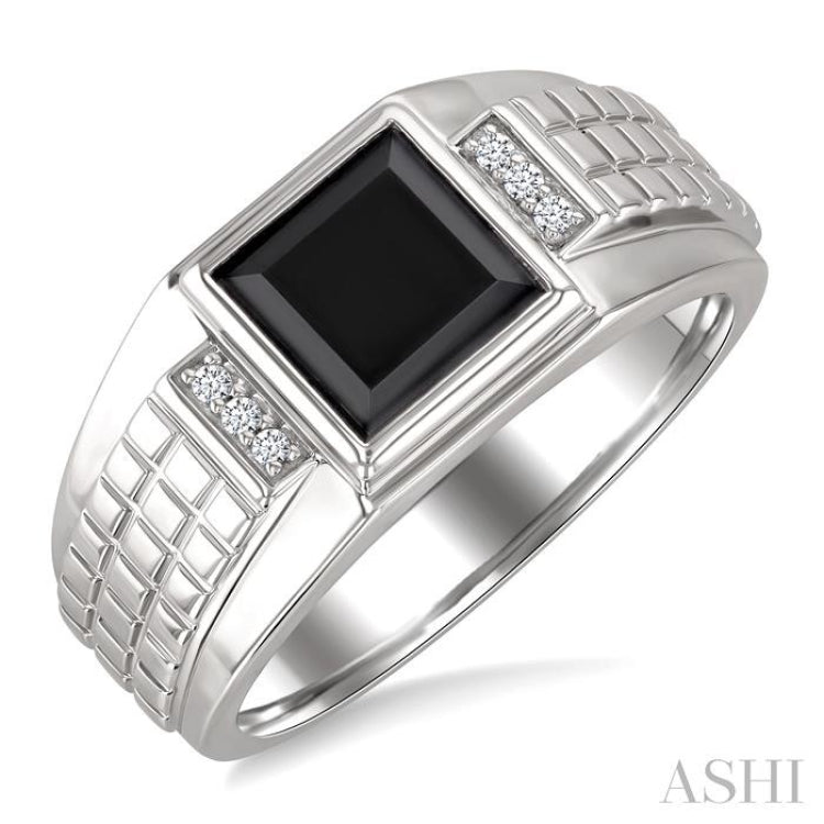 8x8 MM Princess Shape Onyx and 1/20 Ctw Round Cut Diamond Semi-precious Men's Ring in Sterling Silver