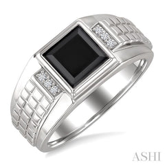 8x8 MM Princess Shape Onyx and 1/20 Ctw Round Cut Diamond Semi-precious Men's Ring in Sterling Silver