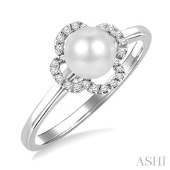 6 MM Cultured Pearl and 1/10 Ctw Round Cut Diamond Clover Petite Fashion Ring in 10K White Gold