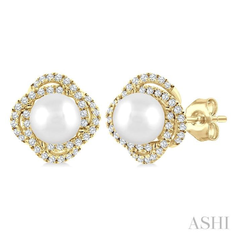 5 MM Cultured Pearl and 1/4 Ctw Round Cut Diamond Petite Fashion Earrings in 10K Yellow Gold
