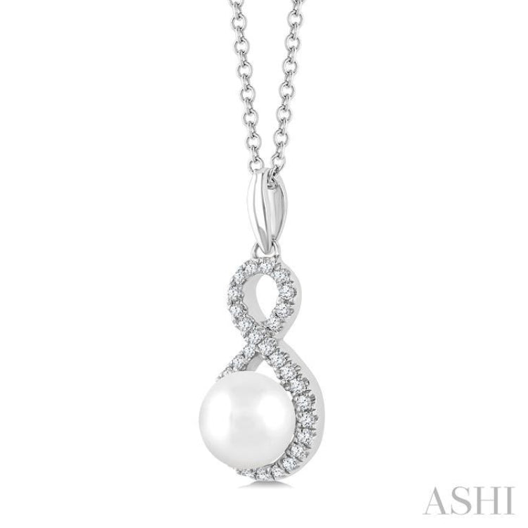 6 MM Cultured Pearl and 1/8 Ctw Round Cut Diamond Petite Fashion Pendant With Chain in 10K White Gold