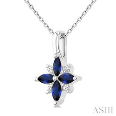 4X2 MM Marquise Shape Sapphire and 1/20 Ctw Round Cut Diamond Blossom Pendant With Chain in 10K White Gold