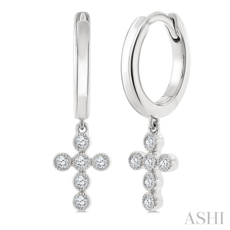 1/10 Ctw Round Cut Diamond Cross Petite Huggie Earrings in 10K White Gold