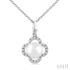 6 MM Cultured Pearl and 1/10 Ctw Round Cut Diamond Clover Petite Fashion Pendant With Chain in 10K White Gold