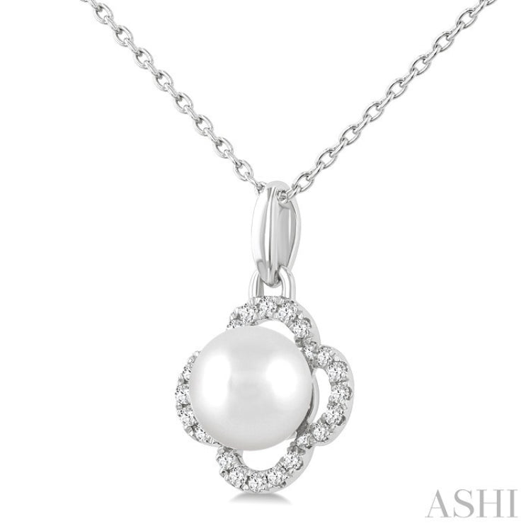 6 MM Cultured Pearl and 1/10 Ctw Round Cut Diamond Clover Petite Fashion Pendant With Chain in 10K White Gold