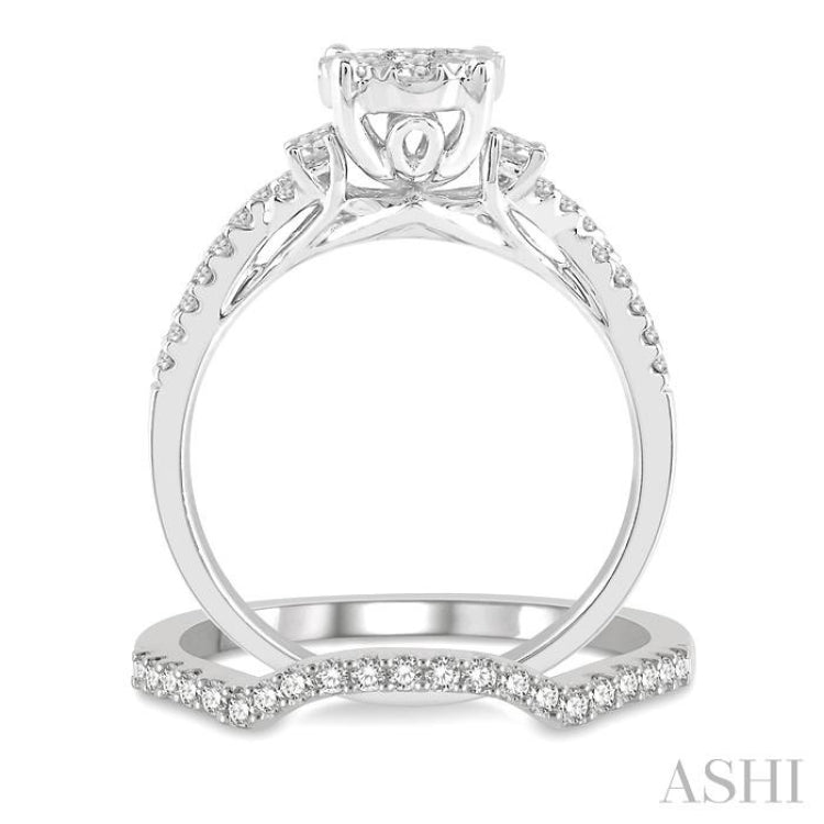 7/8 Ctw Lovebright Round Cut Diamond Wedding Set With 3/4 Ctw Criss Cross Shank Engagement Ring and 1/6 Ctw Arched Wedding Band in 14K White Gold