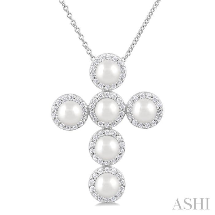 4 MM Cross Cultured Pearl and 1/3 Ctw Round Cut Diamond Pendant With Chain in 14K White Gold