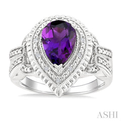 10X7 MM Pear Cut Amethyst and 1/20 Ctw Round Cut Diamond Semi-Precious Ring in Sterling Silver