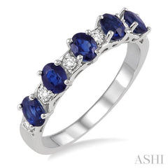 4x3 MM Oval Shape Sapphire and 1/6 Ctw Round Cut Diamond Precious Band in 14K White Gold