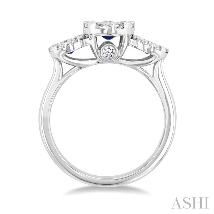3.8 MM & 3 MM Sapphire and 5/8 Ctw Round Cut Diamond Precious Lovebright Past, Present and Future Ring in 14K White Gold