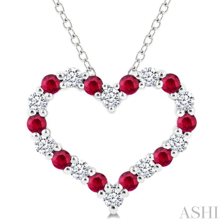 1.80 MM Round Cut Ruby and 1/4 Ctw Open Heart Round Cut Diamond Precious Fashion Pendant With Chain in 14K White Gold