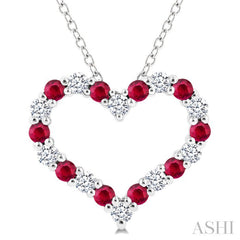 1.80 MM Round Cut Ruby and 1/4 Ctw Open Heart Round Cut Diamond Precious Fashion Pendant With Chain in 14K White Gold