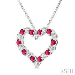 1.80 MM Round Cut Ruby and 1/4 Ctw Open Heart Round Cut Diamond Precious Fashion Pendant With Chain in 14K White Gold
