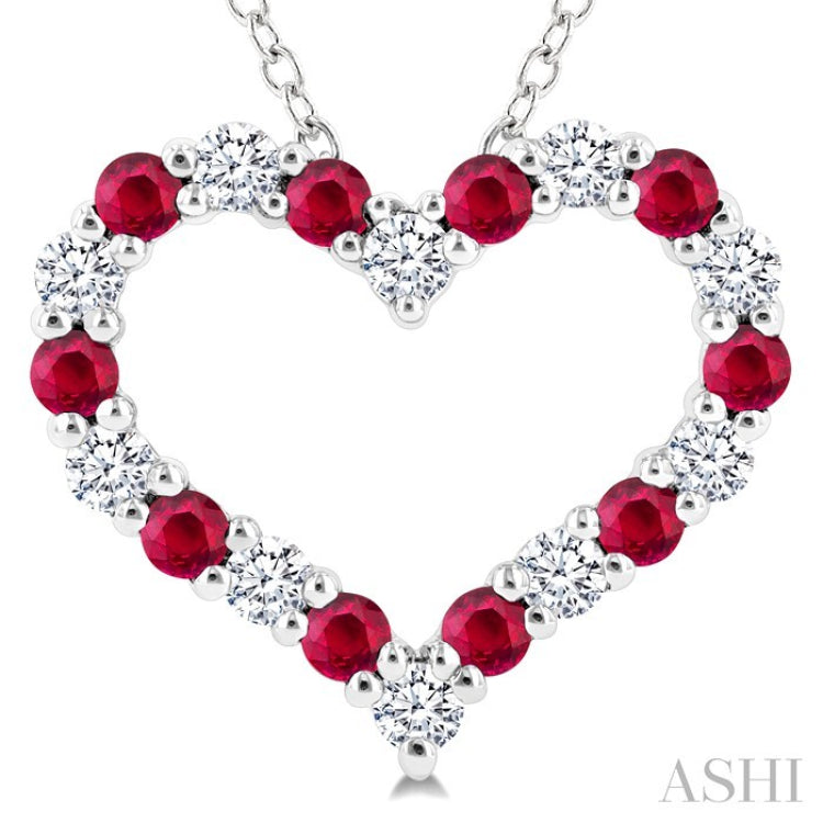 1.80 MM Round Cut Ruby and 1/4 Ctw Open Heart Round Cut Diamond Precious Fashion Pendant With Chain in 14K White Gold