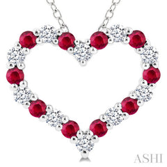 1.80 MM Round Cut Ruby and 1/4 Ctw Open Heart Round Cut Diamond Precious Fashion Pendant With Chain in 14K White Gold