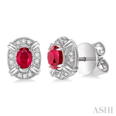 5x3 MM Oval Cut Ruby and 1/10 Ctw Round Cut Diamond Earrings in 14K White Gold