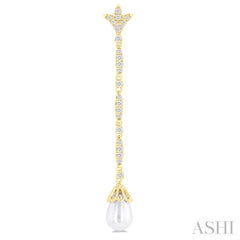 9X7 MM Marquise Link Teardrop Cultured Pearl and 1/2 Ctw Round Cut Diamond Long Earring in 14K Yellow Gold