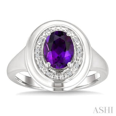 8x6 MM Oval Shape Amethyst and 1/20 Ctw Round Cut Diamond Semi-precious Ring in Sterling Silver