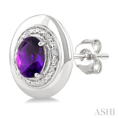 7X5 MM Oval Shape Amethyst and 1/20 Ctw Round Cut Diamond Semi-Precious Earrings in Sterling Silver