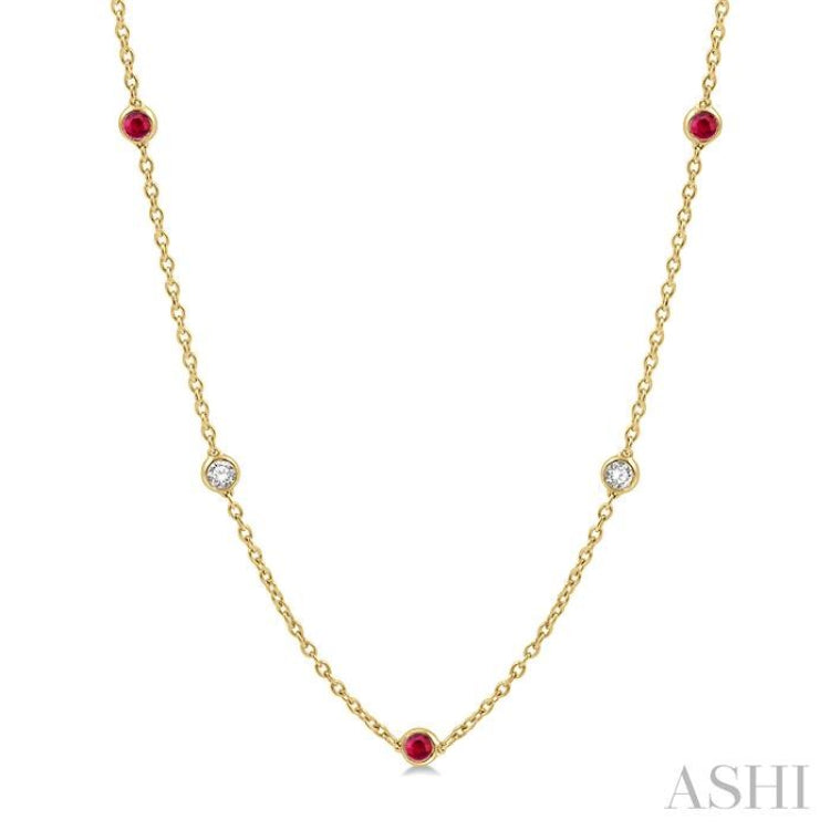 2.85 MM Ruby and 1/2 Ctw Round Cut Diamond Precious Station Necklace in 14K Yellow Gold