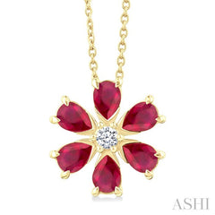 4X3 MM Floral Blossom Pear Cut Ruby and 1/20 Ctw Round Cut Diamond Precious Pendant With Chain in 14K Yellow Gold